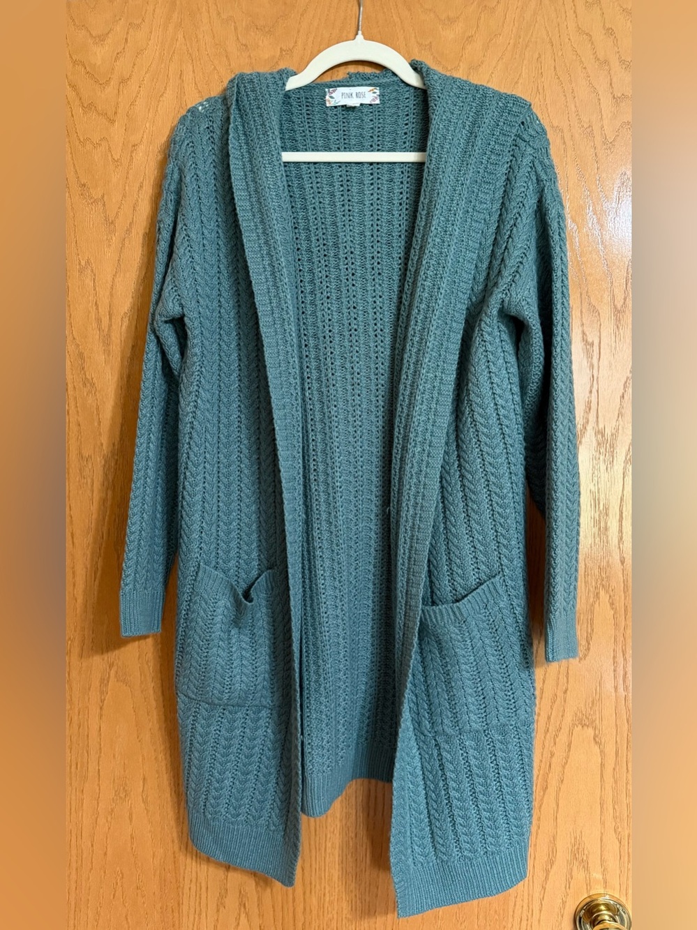 Pink Rose Brand Teal Cable Knit Open-Front Cardigan with pockets